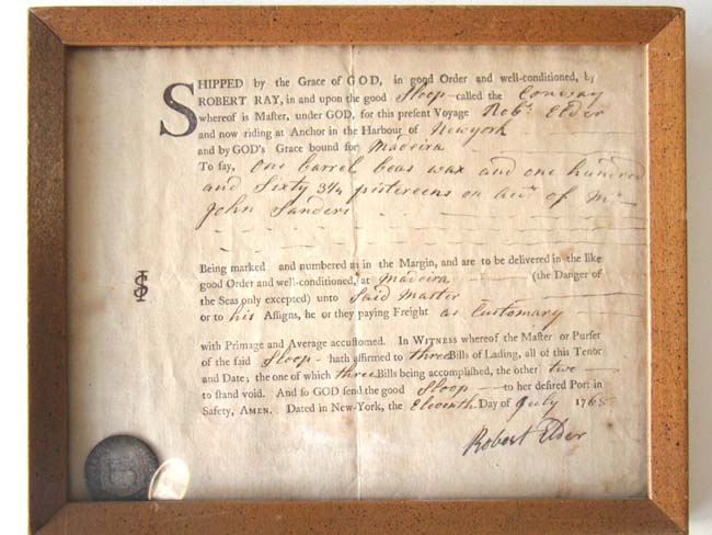 An 18th century Bill of Lading for the Sloop 'Conway' loaded with silver coins dated July 11, 1768